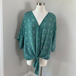 Max Studio Womens Plus 3X Green Blue V Neck Tie Front Blouse Kimono Sleeve Shirt